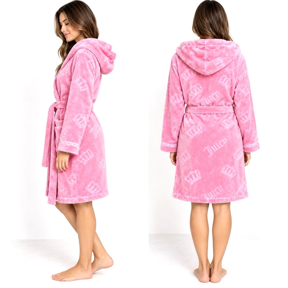 NEW! Juicy Couture Plush Hooded Luxe Robe Crown Logo Hot Pink COMFY LOUNGE L/XL